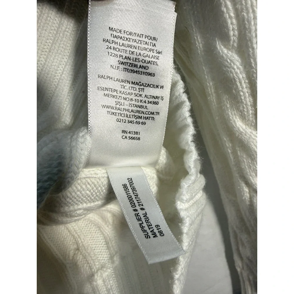 Polo Ralph Lauren White Cable Knit Cotton Sweater Crew Neck Navy Pony Small SP
